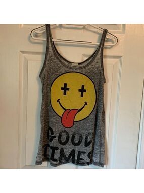 Grey happy face tank top small “good times”